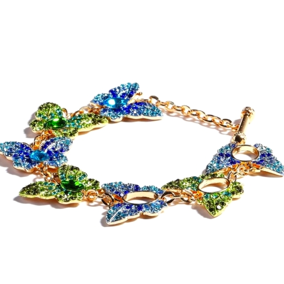Austrian Crystal Butterfly Bracelet and Earrings Blue Green Gold Set NIB - Picture 3 of 3